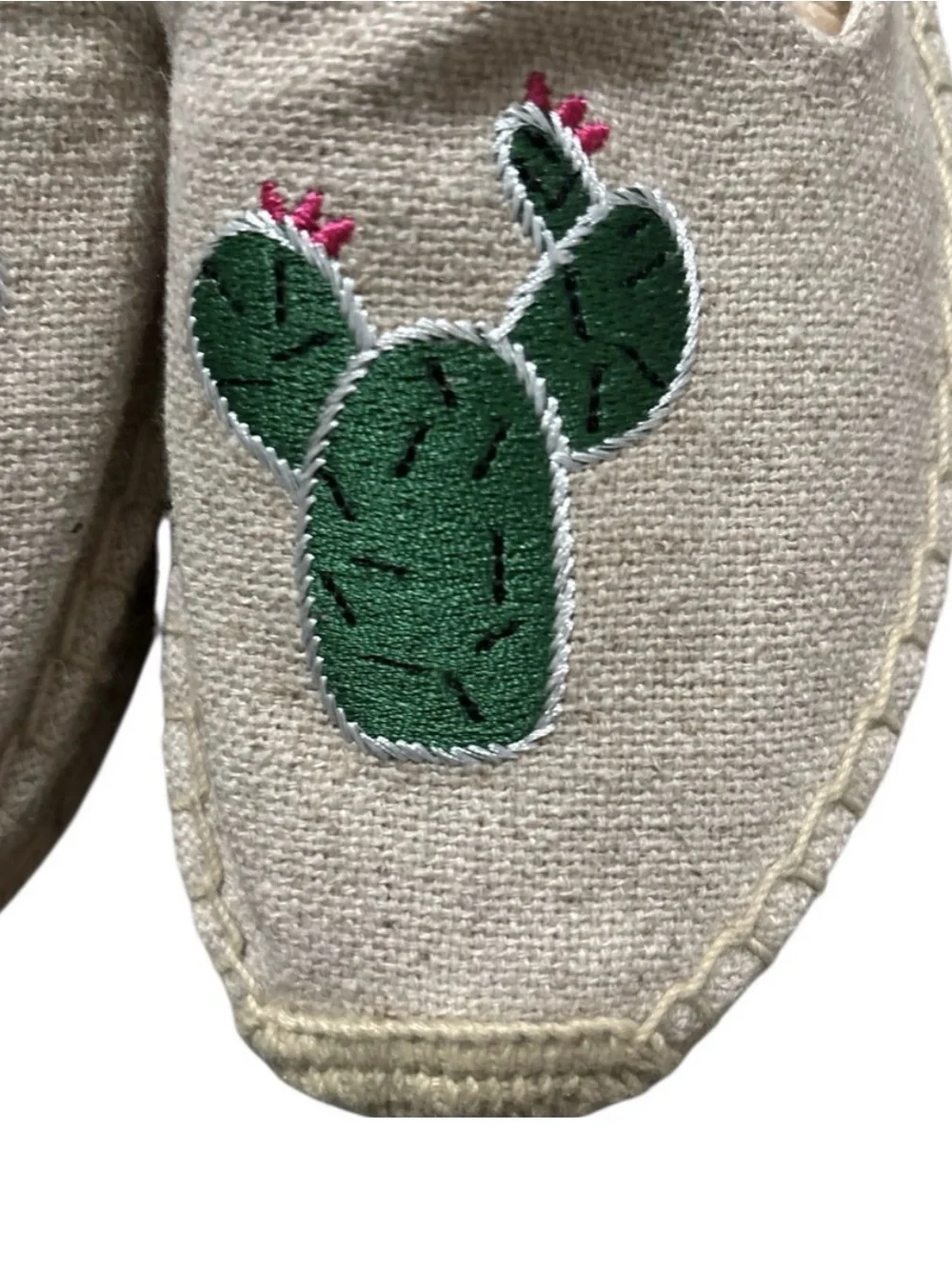 Soludos Natural Espadrille Slip-Ons with Green Cactus Embroidery